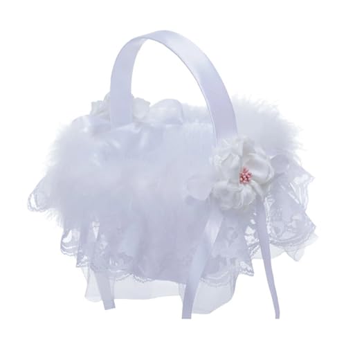 FOELANNE Blumenmädchen Korb für Hochzeit, Fliege Hochzeit Blumenmädchen Handheld Kleine Satin Picknick Foto Prop Trimbare Form(White1) von FOELANNE