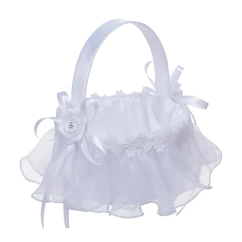 FOELANNE Blumenmädchen Korb für Hochzeit, Fliege Hochzeit Blumenmädchen Handheld Kleine Satin Picknick Foto Prop Trimbare Form(White2) von FOELANNE