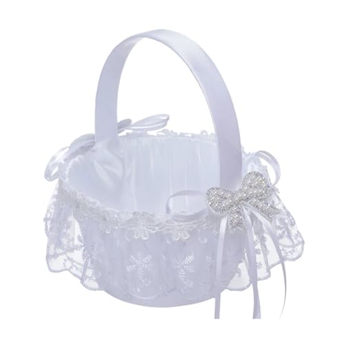 FOELANNE Blumenmädchen Korb für Hochzeit, Fliege Hochzeit Blumenmädchen Handheld Kleine Satin Picknick Foto Prop Trimbare Form(White3) von FOELANNE