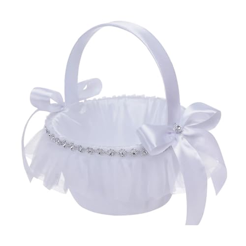 FOELANNE Blumenmädchen Korb für Hochzeit, Fliege Hochzeit Blumenmädchen Handheld Kleine Satin Picknick Foto Prop Trimbare Form(White4) von FOELANNE