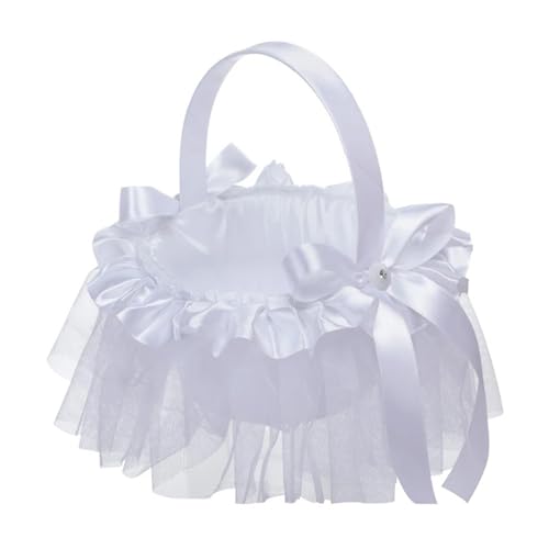 FOELANNE Blumenmädchen Korb für Hochzeit, Fliege Hochzeit Blumenmädchen Handheld Kleine Satin Picknick Foto Prop Trimbare Form(White5) von FOELANNE