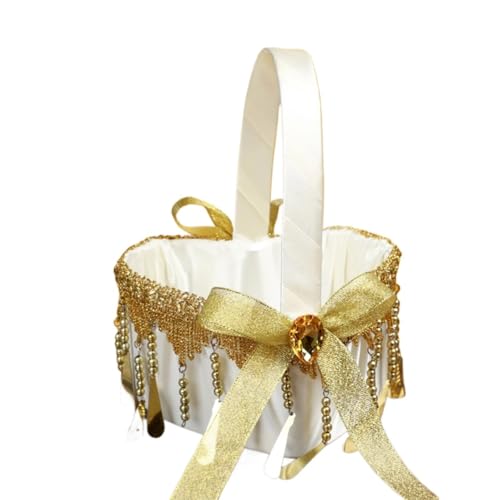 FOELANNE Blumenmädchen Korb für Hochzeit, Herzförmiger Hochzeits-Spitzen-Bowknot-Hochzeits-Süßigkeitsbeutel-Korb(Golden) von FOELANNE