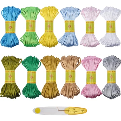 FOGAWA 12 Farben 240 Meters Satin Nylonschnur für Armbänder 2.5 mm Satinkordel Nylon Rattail Seide Satinbänder Satinschnur für Halsketten Armbänder Schmuckherstellung Chinesische Knotenschnur von FOGAWA