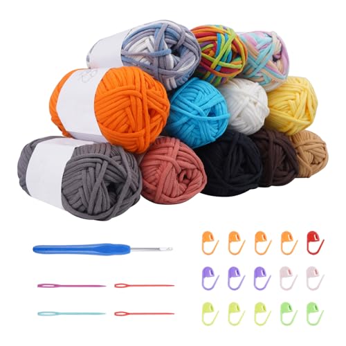FOGAWA 12 x 50g Häkelgarn Grobes Baumwolle Garn zum Stricken und Häkeln Häkel und Strickgarn für Anfänger Einfach Garn mit Häkelzubehör (12 verschiedene Farbmischungen) von FOGAWA