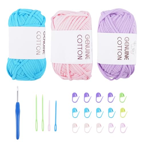 FOGAWA 3 Stück Einfach Garn Häkelgarn für Anfänger Grobes Baumwolle Garn zum Stricken und Häkeln Strickgarn mit Häkelzubehör für Körbe Teppiche Kleidung (Hellviolett, Rosa, Seeblau) von FOGAWA