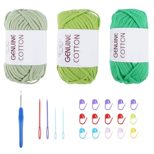 FOGAWA 3 Stück Grobes Baumwolle Garn zum Stricken und Häkeln Häkel und Strickgarn für Anfänger Einfach Garn mit Häkelzubehör für Kleidung Spielzeug Taschen Teppiche(3x50g Grün) von FOGAWA