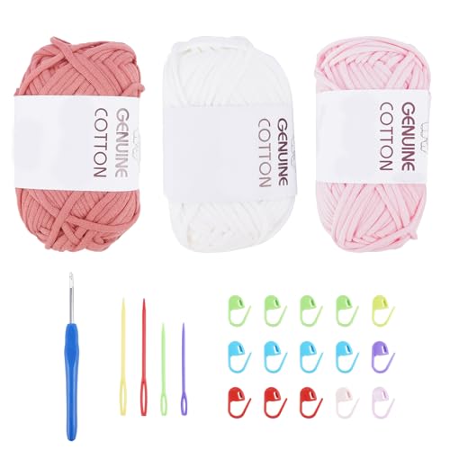 FOGAWA 3 Stück Häkelgarn Dickes Garn Baumwolle zum Häkeln Chunky Häkelgarn für Anfänger Einfach Garn mit Häkelzubehör für Körbe Teppiche Kleidung Taschen (Weiß, Rosa, Lederrosa) von FOGAWA
