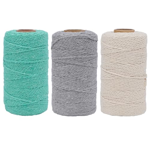 FOGAWA 3er Set Makramee Garn 100% Baumwolle Makramee Schnur 2mm x 100m Baumwollgarn Kordel Baumwollseil Bastelschnur für DIY Pflanzenaufhänger, Weben Dekoration(Grau + Beige + Hellblau) von FOGAWA