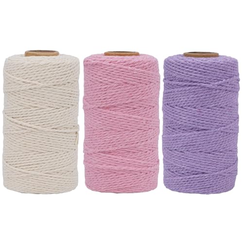 FOGAWA 3er Set Makramee Garn 100% Baumwolle Makramee Schnur 2mm x 100m Baumwollgarn Kordel Baumwollseil Bastelschnur für DIY Pflanzenaufhänger, Weben Dekoration(Rosa + Beige + Hellviolett) von FOGAWA