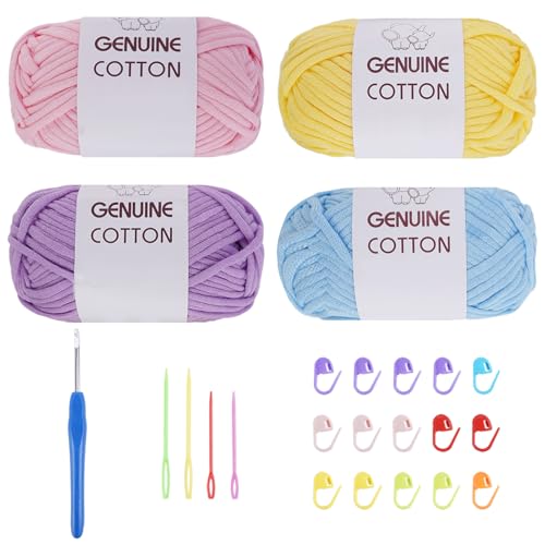 FOGAWA 4 Stück Einfach Garn Häkelgarn für Anfänger Grobes Baumwolle Garn zum Stricken und Häkeln Strickgarn mit Häkelzubehör für Körbe Teppiche (Hellgelb, Hellviolett, Rosa, Hellblau) von FOGAWA