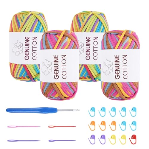 FOGAWA 4x 50g Grobes Baumwolle Garn zum Stricken und Häkeln Häkel und Strickgarn für Anfänger Einfach Garn mit Häkelzubehör für Kleidung Taschen (Regenbogenfarben, Sonnenaufgangsrot) von FOGAWA