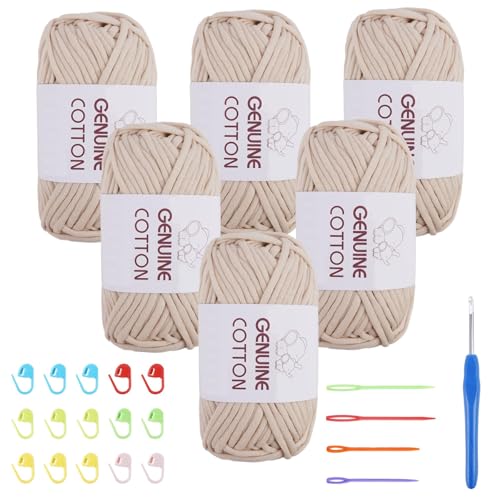 FOGAWA 6 Stück Beige Grobes Baumwolle Garn zum Stricken und Häkeln Häkel und Strickgarn für Anfänger Einfach Garn mit Häkelzubehör für Kleidung Taschen Teppiche (6 x 50g Beige) von FOGAWA