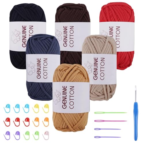 FOGAWA 6 Stück Grobes Baumwolle Garn zum Stricken und Häkeln Häkel und Strickgarn für Anfänger Einfach Garn mit Häkelzubehör(Beige, Khaki, Kaffee, Rot, Jeansblau, Schwarz) von FOGAWA