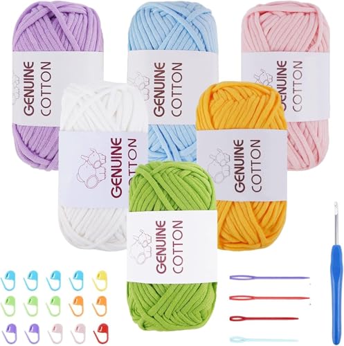 FOGAWA 6 Stück Grobes Baumwolle Garn zum Stricken und Häkeln Häkel und Strickgarn für Anfänger Einfach Garn mit Häkelzubehör(Rosa, Hellblau, Weiß, Hellviolett, Goldgelb, Herbstgrün) von FOGAWA