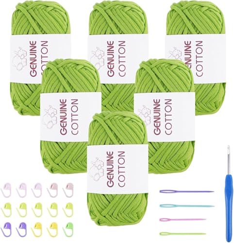 FOGAWA 6 Stück Herbstgrün Grobes Baumwolle Garn zum Stricken und Häkeln Häkel und Strickgarn für Anfänger Einfach Garn mit Häkelzubehör für Kleidung Taschen Teppiche (6 x 50g Herbstgrün) von FOGAWA