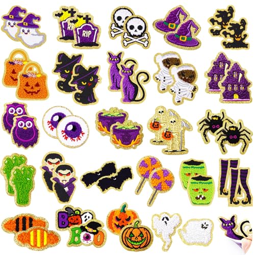 50 Stück Halloween-Flicken aus Chenille, selbstklebend, bestickt, Herbst, Halloween, Kürbis, Geist, Skelett, Hexenhut, Spinne, Grabstein, Zombie, Aufkleber für Rucksäcke, Hüte, Taschen, Jacken von FOGWOWO