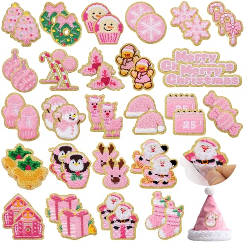 50 Stück rosa Weihnachts-Patches, Chenille-Patches, selbstklebend, bestickt, Winter, Weihnachtsbaum, Schneemann, Schneeflocke, Pinguin, zum Aufkleben, für Rucksäcke, Hüte, Taschen, Pullover, Strümpfe von FOGWOWO