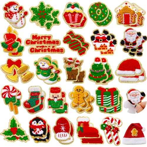 50 Stück rote grüne Weihnachtsflicken aus Chenille, selbstklebend, bestickt, Winter, Weihnachtsbaum, Schneemann, Schneeflocke, Pinguin, zum Aufkleben, für Rucksäcke, Hüte, Taschen, Pullover, Strümpfe von FOGWOWO