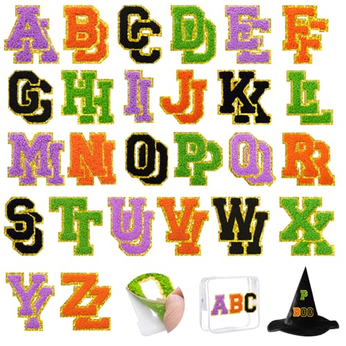 52 Stück Halloween-Chenille-Buchstaben-Flicken selbstklebend für Kleidung, A-Z, Varsity-Buchstaben-Aufkleber, bestickt, zum Aufnähen auf Reparaturflicken für Jacken, Hüte, Rucksäcke, mit einem von FOGWOWO