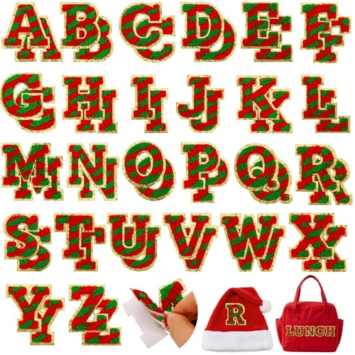 52 Stück Weihnachtsaufnäher, rot und grün gestreift, bestickt, zum Aufkleben, Chenille, Buchstabenaufnäher für Kleidung, A-Z, Buchstabenaufkleber für Pullover, Strümpfe, Hüte, Rucksäcke von FOGWOWO