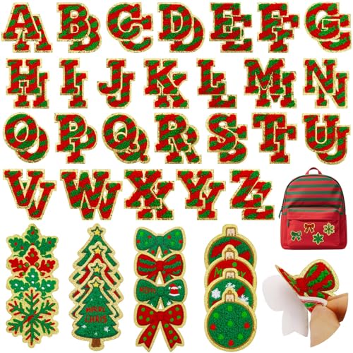 68 Stück Weihnachtsaufnäher, rot und grün gestreift, Chenille-Buchstaben, selbstklebend, bestickt, inklusive 52 Buchstaben A-Z, 16 Schneeflocken, Weihnachtskugeln, Baumschleifen 68 Stück Weihnachtsaufnäher, rot und grün gestreift, Chenille-Buchstaben, selbstklebend, bestickt, inklusive 52 Buchstaben A-Z, 16 Schneeflocken, Weihnachtskugeln, Baumschleifen von FOGWOWO