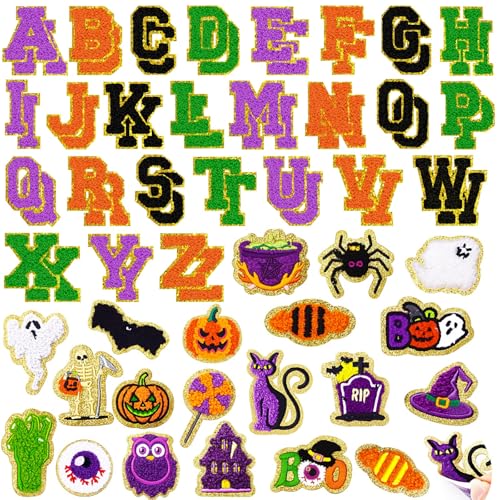 72 Stück Herbst-Halloween-Aufnäher, bestickt, Halloween, Buchstaben, selbstklebend, inklusive 52 A-Z Buchstaben, 20 Kürbis-Geist-Skelett, Hexenhut, schwarze Katze, Spinne, Grabstein, Aufkleber zum von FOGWOWO