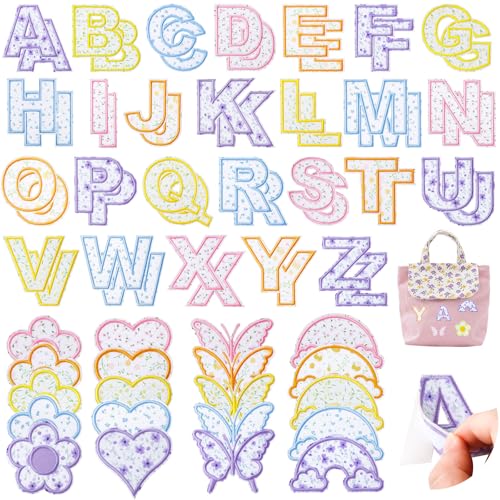 72 Stück florale Buchstaben-Aufnäher, selbstklebend, bestickt, zum Aufkleben, für Mädchen-Kleidung, inklusive 52 A-Z Buchstaben-Aufkleber, 20 Blumen-, Schmetterlings- und Regenbogen-Aufnäher zum von FOGWOWO