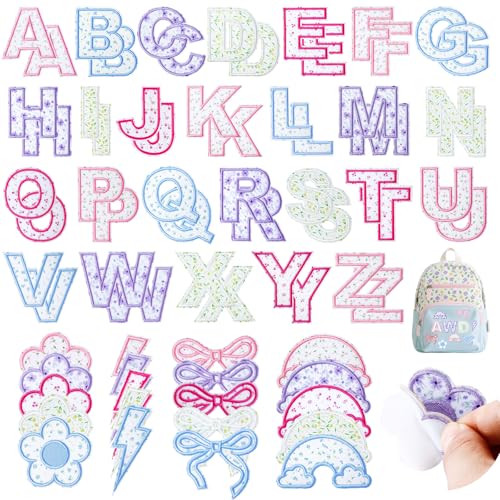 72 Stück florale Buchstaben-Aufnäher, selbstklebend, bestickt, zum Aufkleben, für Mädchen-Kleidung, inklusive 52 Buchstaben-Aufkleber, 20 Regenbogen-Blumen-Schleife, zum Aufnähen für Rucksäcke, Hüte von FOGWOWO