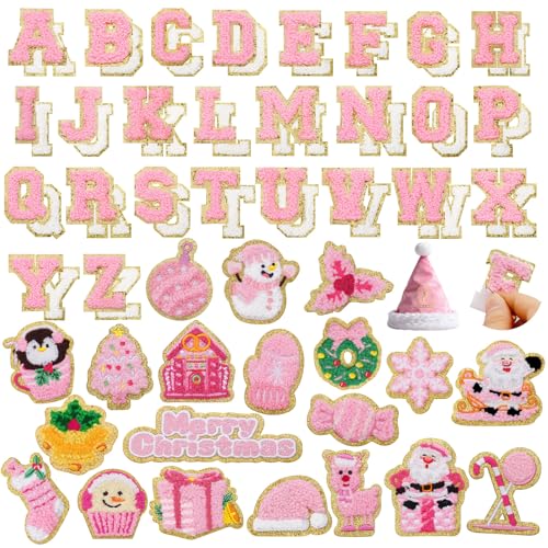72 Stück rosa Weihnachtsflicken aus Chenille, Weihnachtsbuchstaben, selbstklebend, bestickt, inklusive 52 Buchstaben A-Z, 20 niedliche Winter-Schneemann-Kranz-Schneeflocken-Aufkleber für Rucksäcke von FOGWOWO