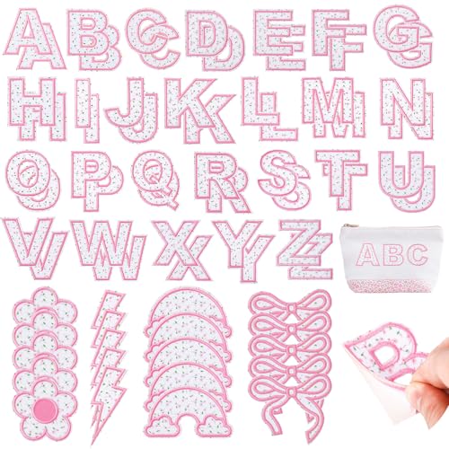 72 Stück rosa florale Buchstaben-Aufnäher, selbstklebend, bestickt, zum Aufkleben, für Mädchen-Kleidung, inklusive 52 A-Z Buchstaben-Aufkleber, 20 Regenbogen-Blumen-Schleife, zum Aufnähen für von FOGWOWO