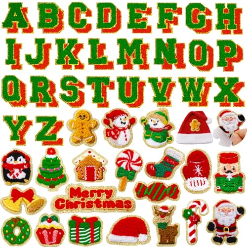 72 Stück rote und grüne Weihnachtsaufnäher, bestickt, für den Winter, Weihnachten, Buchstaben, selbstklebend, inklusive 52 Buchstaben von A-Z, 20 Winter-Schneemann-Kranz, Pinguin-Aufkleber für von FOGWOWO