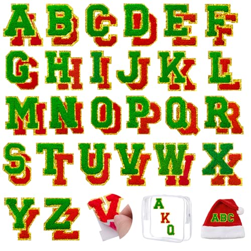 Weihnachtsaufnäher, bestickt, Chenille, Buchstabenaufnäher, selbstklebend, für Kleidung, A-Z, zum Aufnähen, Reparaturflicken für Jacken, Hüte, Rucksäcke, mit transparentem Kulturbeutel, 52 Stück von FOGWOWO