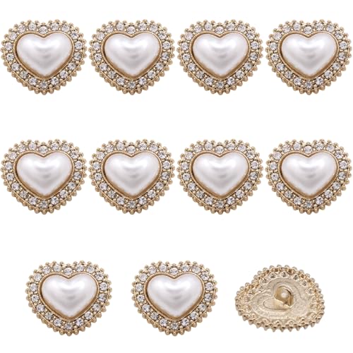 10 Stück Herz-Perlenknöpfe Gold Retro Vintage Perle Knöpfe Faux Pearl Buttons Herz Kristall Strass Knopf Perlen-Pfirsich-Herzknopf Vintage Perle Knöpfe für Kleidung, DIY Crafts Taschen Schuhe (Gold) von FOJIIUOK