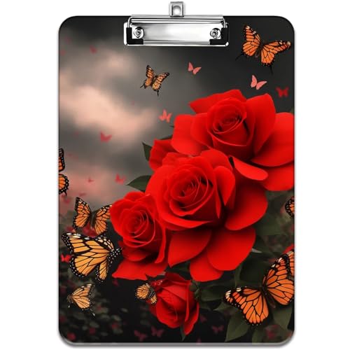 Modisches Design-Klemmbrett, strapazierfähiger, dünner Clip, Standard-A4-Briefgröße, vollfarbiges Kunststoff-Klemmbrett, speziell für Klassenzimmer und Büros, Blume, Schmetterling, rosa Rose von FOKBVNFLL