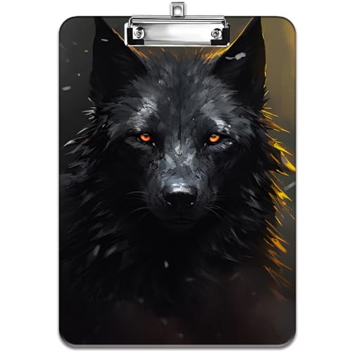 Modisches Design-Klemmbrett, strapazierfähiger, dünner Clip, Standard-A4-Briefgröße, vollfarbiges Kunststoff-Klemmbrett, speziell für Klassenzimmer und Büros, Wald Black Wolf von FOKBVNFLL