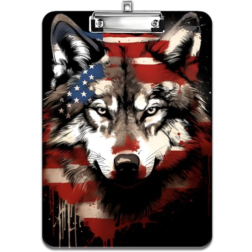 Modisches Design-Klemmbrett, strapazierfähiger, dünner Clip, Standard-A4-Briefgröße, vollfarbiges Kunststoff-Klemmbrett, speziell für Klassenzimmer und Büros, amerikanische Flagge, Wolf von FOKBVNFLL