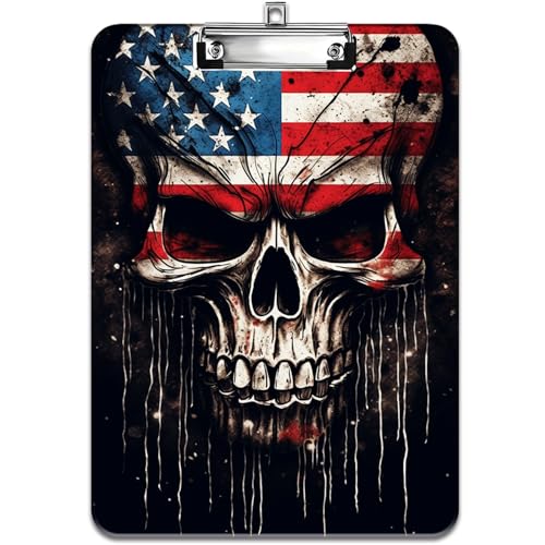 Modisches Design-Klemmbrett, strapazierfähiger, dünner Clip, Standard-A4-Briefgröße, vollfarbiges Kunststoff-Klemmbrett, speziell für Klassenzimmer und Büros, amerikanische Flagge und Totenkopf im von FOKBVNFLL