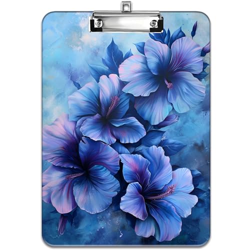 Modisches Design-Klemmbrett, strapazierfähiger, dünner Clip, Standard-A4-Briefgröße, vollfarbiges Kunststoff-Klemmbrett, speziell für Klassenzimmer und Büros, bemalte blaue Blumen von FOKBVNFLL