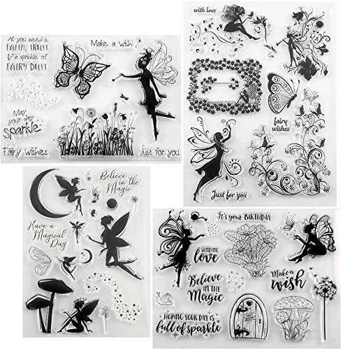 Silikonstempel Fee und Blumen Set 4 Blätter Clear Stamp Elfen Set für DIY Bullet Journal Scrapbooking Fotoalbum Geburtstag Stempelset von FOLANVOFF