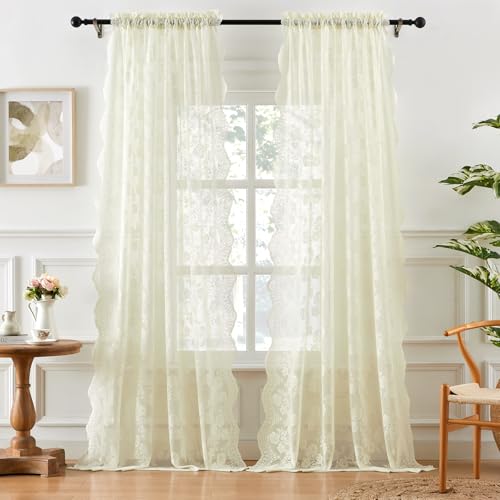 Cremefarbene Spitzenvorhänge, 244 cm lang, 2 Paneele, Vintage-Blumenmuster, durchscheinende Vorhänge für Wohnzimmer, Mädchen, Schlafzimmer, Stangentasche, lichtfilternder Spitzenstoff, große Cremefarbene Spitzenvorhänge, 244 cm lang, 2 Paneele, Vintage-Blumenmuster, durchscheinende Vorhänge für Wohnzimmer, Mädchen, Schlafzimmer, Stangentasche, lichtfilternder Spitzenstoff, große von FOLKSIDE