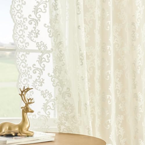 Elfenbeinfarbene Spitzenvorhänge, 137 cm Länge, 2 Paneele, Paisleymuster, Blumenvorhänge für Wohnzimmer, Mädchen, Schlafzimmer, Stangentasche, lichtfilternde, durchsichtige Vorhänge für kleine Elfenbeinfarbene Spitzenvorhänge, 137 cm Länge, 2 Paneele, Paisleymuster, Blumenvorhänge für Wohnzimmer, Mädchen, Schlafzimmer, Stangentasche, lichtfilternde, durchsichtige Vorhänge für kleine von FOLKSIDE