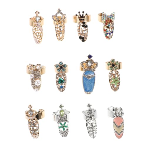FOMIYES 12 Stück Teiliges Nail Art Ring Damen Verstellbare Offene Fingerringe mit Funkelnden Strasssteinen Maniküre Accessoires für Kreative Nageldesigns Langlebig und Stylisch von FOMIYES