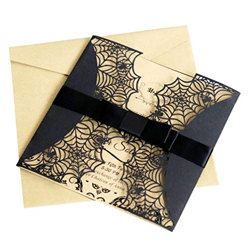 FOMIYES 8 x Halloween-Einladungskarten mit Spinnennetz-Design, Reine Schwarze Halloween-Einladungen mit Schleife für Halloween und Verlobungsfeiern von FOMIYES
