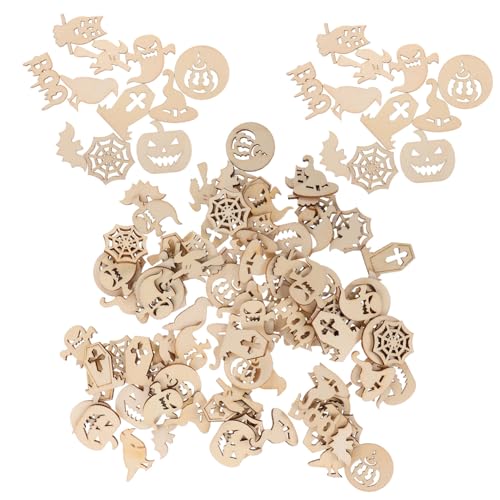 FONDOTIN 100 Stück Halloween Holzplättchen DIY Basteln Holzscheiben Grusel Deko Party Zubehör für Kreative Handarbeiten und Holzornamente Langlebig und Sicher für Halloween Dekoration von FONDOTIN