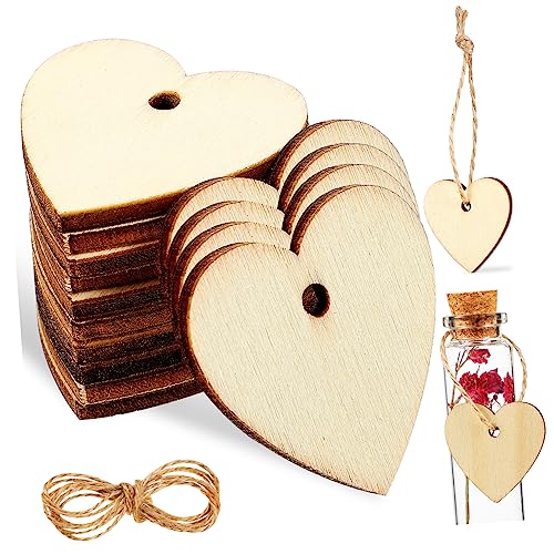FONDOTIN 100 Stück Holzherzen DIY Herz Holzstücke mit Schnur Kreative Bastelideen für Hochzeiten Geburtstagsfeiern und Mehr Blanko zum Beschriften und Gestalten von FONDOTIN