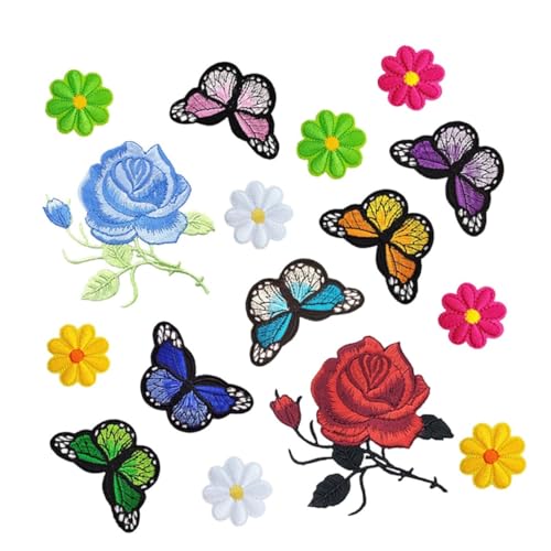 FONDOTIN 16Stücke Stickerei Aufbügelapplikationen Mischfarben Rosen Patches zum Aufbügeln für Jeans Taschen Hüte und Bastelprojekte Einfache Anwendung mit Bügeleisen von FONDOTIN