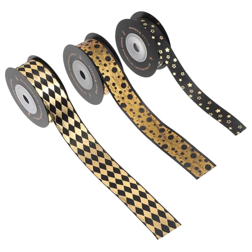 FONDOTIN 3 Rollen Premium Geschenkband aus Schwarzem Polyester Breit Langlebiges Geschenkverpackungsband mit Goldenen Mustern für Geburtstag Festival Blumen und DIY Dekoration von FONDOTIN