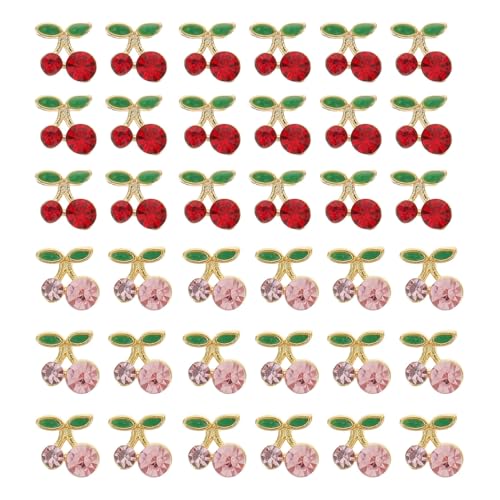 FONDOTIN 36 Stück Teiliges Cherry Nail Art Charms Nageldekorationen mit Roten und Pinken Strasssteinen Glänzende Kirschform für DIY Maniküre für Partys und Festliche Anlässe von FONDOTIN