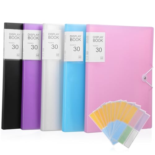 FONDOTIN 5 Präsentationsmappe Teilig mit Seitigen Klarsichthüllen in Farben Schwarz Blau Rosa Weiß Inklusive Aufklebern für Dokumentenorganisation Portfolio Ordner Schulordner von FONDOTIN