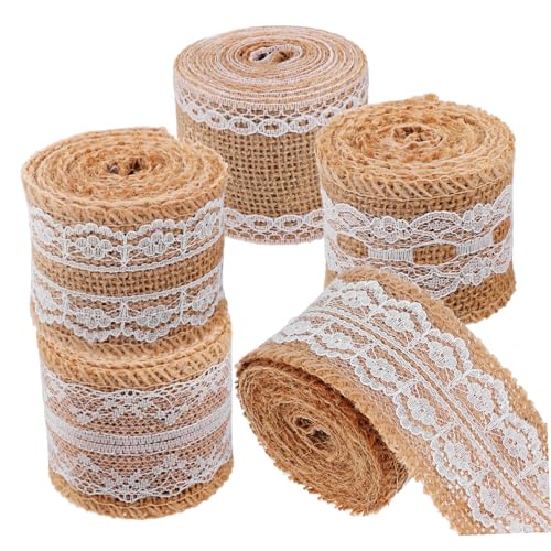 FONDOTIN 5Rollen Juteband Sackleinenrolle mit Spitze Dekoratives Geschenkband für Hochzeiten Weihnachten und Bastelprojekte Rustikale Vielseitig und Langlebig Einfach von FONDOTIN